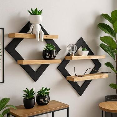 Imagem de Kit 2 Quadros Decorativos em Pinus, Prateleira Dupla, Nicho Expositor, Decoração de Parede com Bordas de MDF