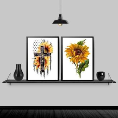 Imagem de Kit 2 Quadros Girassóis Faith Cruz 24X18 Com Vidro - Preta