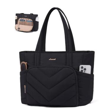 Imagem de LOVEVOOK Bolsa feminina acolchoada em V com zíper, grande bolsa de ombro para trabalho, viagem, enfermeira, professora, Preto, 15.6 inch-20L