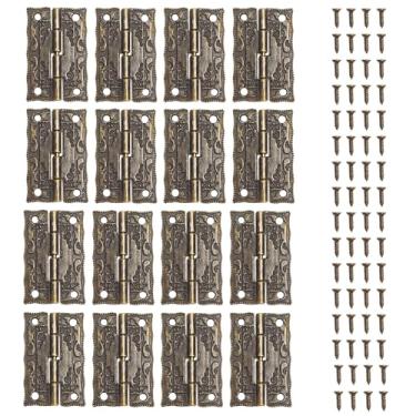 Imagem de Pacote com 16 dobradiças dobráveis de bronze, dobradiças antigas, design floral decorativo com parafusos para caixas de joias, caixas de madeira, móveis, armários