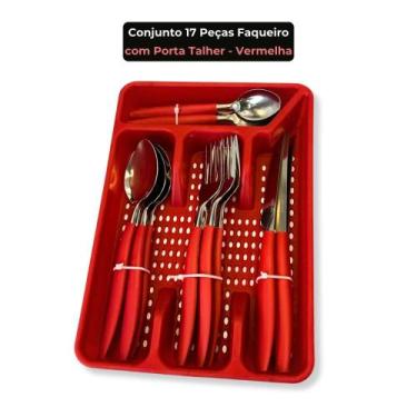 Imagem de Faqueiro 17 Peças com Porta Talher Inox e Plástico Preto ou Vermelho C