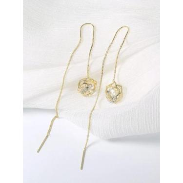 Imagem de Brinco Feminino Comprido Bolas Esferas Dourado Festa Strass - anjo da 