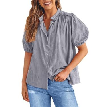 Imagem de Camisa PRETTYGARDEN de Algodão Cinza com Botões Manga Curta Verão XL