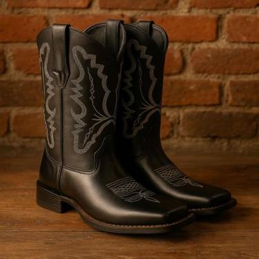 Imagem de Bota Texana Feminina em Couro Legítimo Preto Cano Bordado Fenix Kapell
