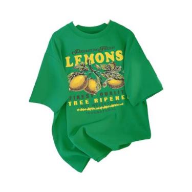 Imagem de Camiseta Feminina Solta De Algodão Com Estampa De Limão, Gola Redonda,