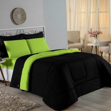 Imagem de Kit Edredom Dupla Face + Jogo De Lençol Solteiro Nobre 4 Peças Malha 100% Algodão - Preto / Pistache