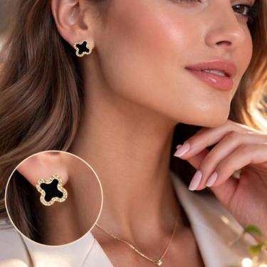 Imagem de Brinco Mini Trevo Preto com Dourado Aço Inox 316L Luxo - Lys Lazuli