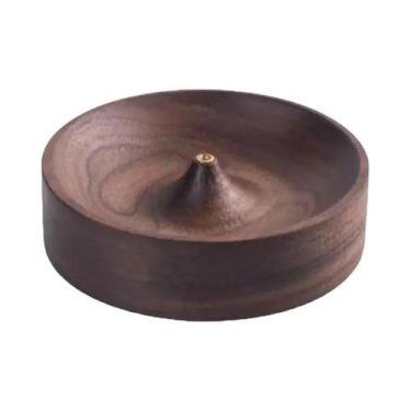 Imagem de Queimador De Incenso Retrô Preto Em Nogueira Artesanal, Bandeja Redond