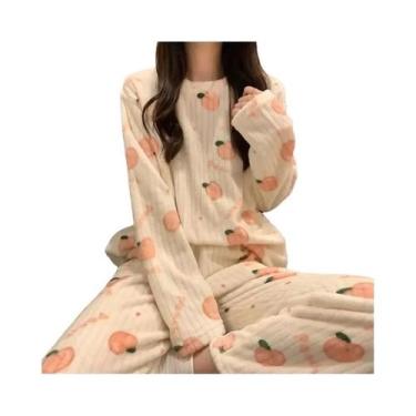 Imagem de Conjunto De Pijamas Femininos Quentes De Flanela Com Manga Longa Em Ve
