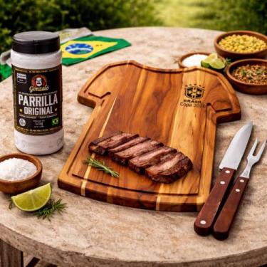 Imagem de Kit Churrasco Completo Tábua Camisa Brasil em Madeira Teca + Faca Garf