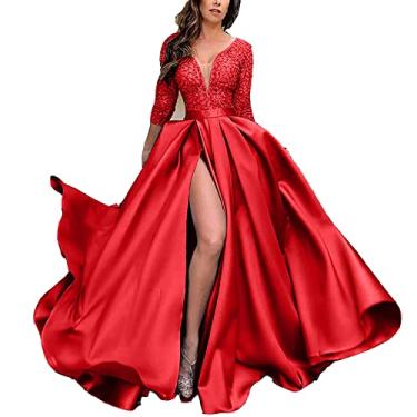 Imagem de Vestido de festa formal longo de renda feminino vestidos de casamento decote em V com fenda swing vestido de festa para mulheres com mangas, vermelho, M