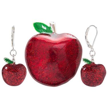 Imagem de Coruja artesão – Brincos pendentes de esmalte com glitter de maçã vermelha e pingente de broche