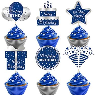 Imagem de Kauayurk 36 peças de decoração de topo de bolo de feliz aniversário para homens meninos, decoração de placa de cupcake de aniversário de prata azul, 10º 13º 16º 18º 21º 30º 40º 50º 60º aniversário