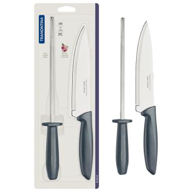 Imagem de Conjunto Faca Chef e Chaira Tramontina Plenus Cinza - 2 Peças