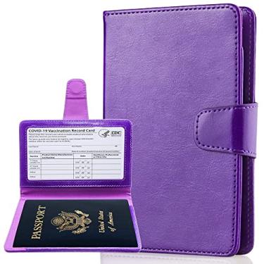 Imagem de Teskyer Combo porta-passaporte e porta-cartão de vacina, adequado para cartão de vacina de 10 x 7,6 cm, capa carteira de couro para passaporte com compartimento para cartão de vacina,