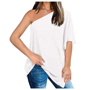 Imagem de Blusas femininas de treino com ombros de fora plus size manga curta sexy blusas de algodão de verão camisas recortadas túnica básica, Branco, GG