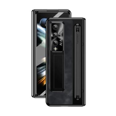 Imagem de Suporte de couro para caneta com capa Stylus para Samsung Galaxy Z Fold 5 4 Capa de proteção de dobradiça de tela de vidro para Z Fold5 Fold4, preta, para Galaxy Z Fold 4