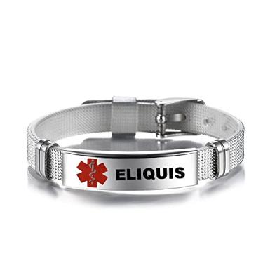 Imagem de RENYILIN Pulseira de identificação médica de aço inoxidável com design de pulseira de relógio ajustável alerta médico ID de emergência joias de primeiros socorros, Prata, ELIQUIS