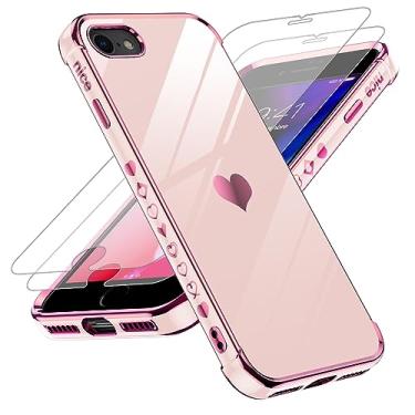 Imagem de LeYi Capa para iPhone 7 para iPhone-8: com protetor de tela de vidro temperado [2 peças] + proteção completa da lente da câmera, coração de amor chapeamento feminino bonito luxuoso TPU capa à prova de choque para iPhone 7/iPhone 8, rosa