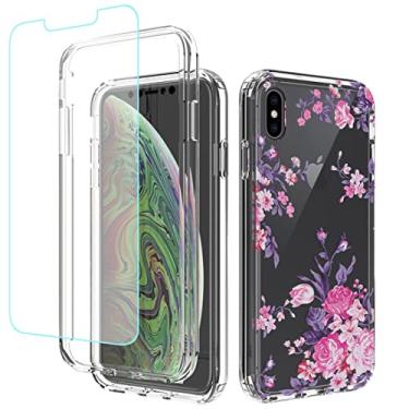 Imagem de sidande Capa para iPhone Xs Max com protetor de tela de vidro temperado, capa protetora fina de TPU floral transparente para Apple iPhone Xs Max 6,5 polegadas (flor rosa)