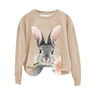 Imagem de Camisas de coelho femininas de manga comprida, moletom fofo de coelho, gola redonda, camisetas para sair, Bege, M