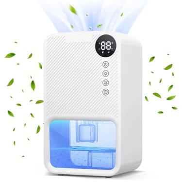 Imagem de Desumidificador portátil para quarto: desumidificador branco de tanque de água de 1,048 g com função de desligamento automático, dois modos de funcionamento super silenciosos com luz LED de 7 cores