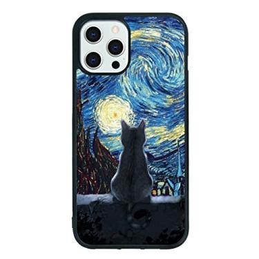 Imagem de Capa preta para iPhone 12 Pro Max de gato fofo – Capa para iPhone de gato fofo Van Gogh de 16,7 cm, design com padrão antiderrapante e absorção de choque, capa de telefone preta com suporte de sílica macia para meninas e irmãs adolescentes