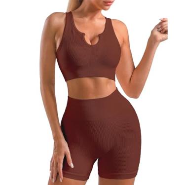 Imagem de Lingdu Conjunto de 2 peças de roupas esportivas femininas de ioga para treino esportivo legging de cintura alta conjunto de roupas esportivas, Curto em U - marrom, Medium