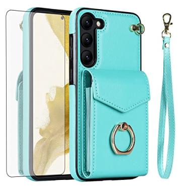 Imagem de Asuwish Capa de telefone para Samsung Galaxy S23 Plus 5G Capa carteira com protetor de tela de vidro temperado e anel porta-cartão de crédito acessórios de couro para celular S23+5G S23plus 23S + S 23 23+ mulheres homens azul-petróleo