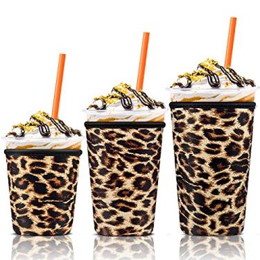 Imagem de Pacote com 3 capas para copos de café gelado para copos de tamanho grande, suporte de copo de café gelado reutilizável de neoprene para bebidas quentes e frias, compatível com Starbucks, Dunkin Donuts e mais (3 pacotes Sm-Med-Lg, Leopardo)
