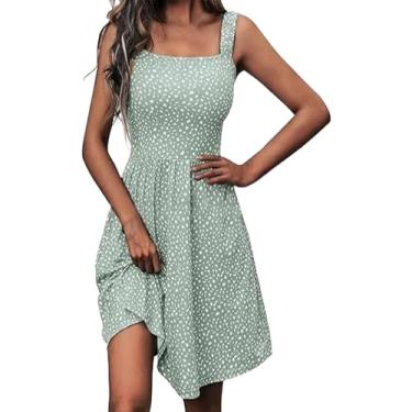 Imagem de Vestido feminino fashion casual verão decote quadrado alça floral vestidos vintage para mulheres, Verde menta, M
