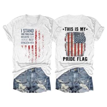 Imagem de Camiseta feminina com estampa patriótica de 4 de julho This is My Pride Flag Blusa túnica casual de verão com gola redonda e manga curta, Branco, 3G