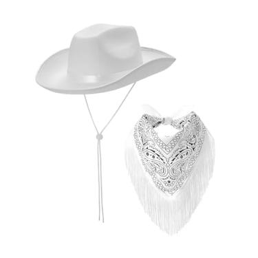 Imagem de oshhni Chapéu de cowboy chapéu panamá aba larga chapéu de sol cowgirl chapéu e bandana para clube festa palco desempenho halloween cosplay, branco