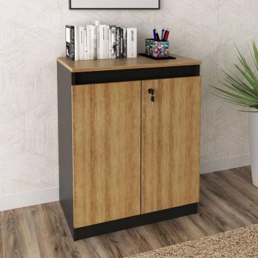 Imagem de Armário para Escritório Baixo 2 Portas com Chave Me4149 Amêndoa/Preto - Tecno Mobili