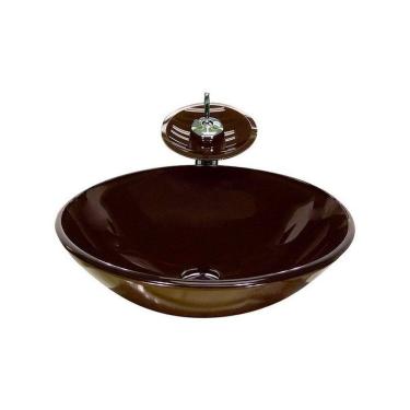 Imagem de Cuba de Vidro Redonda 42cm + Valvula + Torneira Cascata Marrom