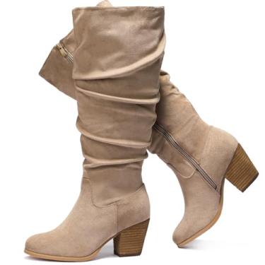 Imagem de Luoika Botas femininas extra largas na altura do joelho, larga, plus size, cano alto, salto baixo empilhado, botas de inverno e outono., Bege204, 9 X-Wide