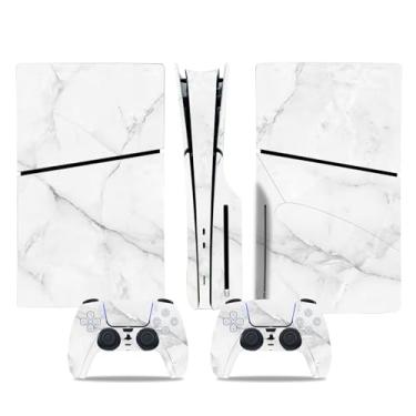 Imagem de Adesivo de pele para console de disco fino PS5 e controle sem fio, conjunto completo de envoltório de película protetora, capa de decalque para PS5 Slim Disc (mármore branco)