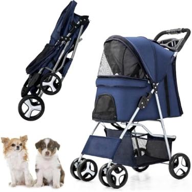 Imagem de Carrinho de Transporte Pet Azul Dobrável Passeio Animal de Estimação Cães e Gatos