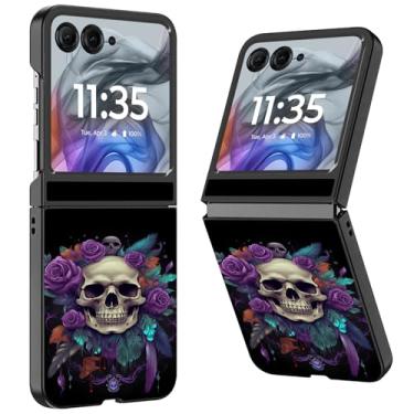 Imagem de WZCJDHMJ Capa para Motorola Razr 2024 / Moto Razr 50, ultrafina, rígida, antiarranhões, à prova de choque, com suporte para carregamento sem fio, caveiras de rosas roxas