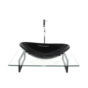 Imagem de Kit Cuba Vidro Oval Preta Tampo 60Cm Incolor E Suporte - Cubas E Gabin