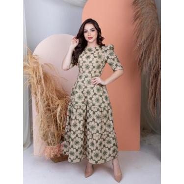 Imagem de Vestido Longo Social Malha Lese Algodão com Manga 3/4 - Fashion, Bege,