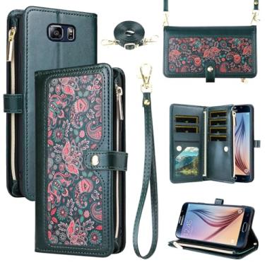 Imagem de Dswteny Capa carteira floral para Samsung Galaxy S6 com alça de pulso alça de ombro bolsa com zíper, flip de couro PU, suporte para cartão de crédito, capa para celular para S 6 6s GS6 SM-G920V G920A