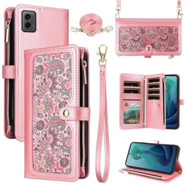 Imagem de Dswteny Capa carteira floral para Motorola Moto G 5G 2024 com alça de ombro, zíper de couro fólio flip suporte para cartão de crédito acessórios capa de celular para G5G 5 G G5 mulheres homens rosa