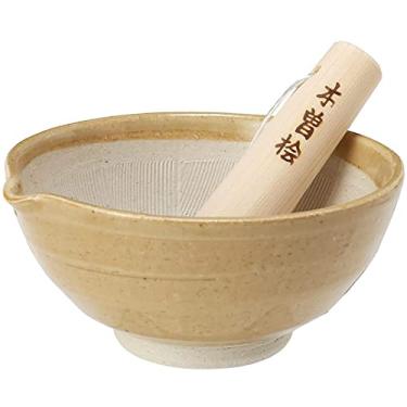 Imagem de TIKUSAN Conjunto de almofariz e pilão Ripple Ridge de cerâmica (Suribachi e Surikogi) com bico feito no Japão Mino Ware (marrom médio)