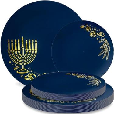 Imagem de Conjunto de pratos de plástico Chanukah Collection – 26 cm/19 cm (pacote com 32), talheres elegantes azuis reais e dourados para festas, perfeitos para ocasiões especiais