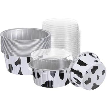 Imagem de HARFINGTON 25 peças de formas de assar com tampas, forros de alumínio de 142 g, mini recipientes descartáveis, porta-copos, caixas para sobremesa, festa de casamento, textura de leite