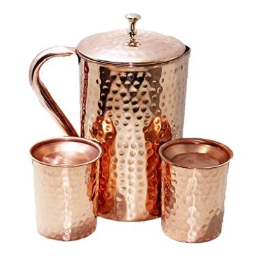 Imagem de PARIJAT HANDICRAFT Jarra de cobre puro, acessórios para bebidas, jarro de cobre, copo com tampa e vidro para água potável (martelado)