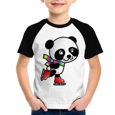Imagem de Camiseta Raglan Infantil Panda de Patins - Foca na Moda, Branco, Preto