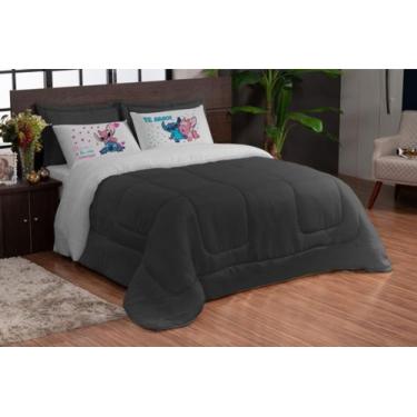 Imagem de Kit Edredom Casal Queen Te Amo 5 pcs Stich Preto Cinza - TheoVitex