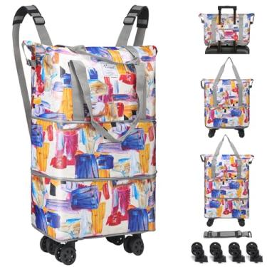 Imagem de VOOWO Bolsa esportiva com rodas, bolsa esportiva dobrável expansível de 28 a 66 L com rodas para viagem, bolsa de mão com rodas, mochila grande com rodinhas para homens e mulheres, Cinza, duffle